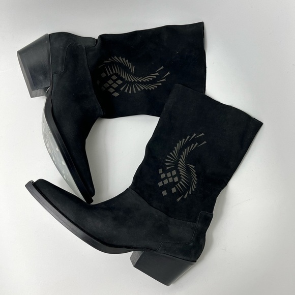 Free People Moon&Back Slouch Western Print Pointy Toe Black Suede Boots Size 36 - Picture 5 of 10